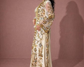 Champagne Moroccan Kaftan Bridal Takchita , Gold Embroidered Dubai Caftan , Luxury Wedding & Nikkah Dress