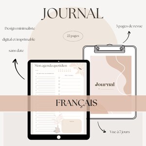 Könnte beinhalten: Ein digitaler Planer mit minimalistischem Design, mit einer täglichen Agenda, einem Notizbereich und einer wöchentlichen Übersicht. Der Planer ist in Französisch und hat ein beige-weißes Farbschema mit floralen Akzenten. Der Text "Mon agenda quotidien" und "FRANÇAIS" ist auf dem Planer sichtbar.