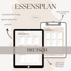 Könnte beinhalten: Ein digitaler, druckbarer Essensplaner auf Deutsch mit Marmorhintergrund. Der Planer hat ein wöchentliches Layout mit Abschnitten für Frühstück, Mittagessen, Abendessen und Snacks. Er enthält auch einen Abschnitt für tägliche und monatliche Übersichten. Der Planer ist in hellen und dunklen Versionen verfügbar.