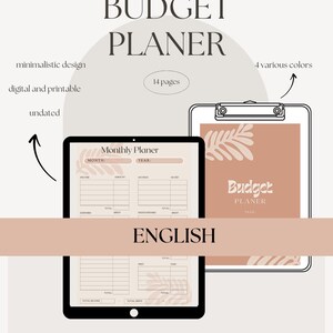 Könnte beinhalten: Ein digitaler Budgetplaner mit minimalistischem Design. Der Planer ist undatiert und umfasst 14 Seiten. Das Bild zeigt einen monatlichen Budgetplaner mit Abschnitten für Einnahmen, Ausgaben und Ersparnisse. Der Planer ist in vier verschiedenen Farben erhältlich.