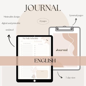 Könnte beinhalten: Ein digitales, druckbares Journal im minimalistischen Design. Der Umschlag zeigt eine neutrale Farbpalette mit einer Blumenillustration und dem Text "My Daily Schedule". Das Journal hat 22 Seiten und beinhaltet eine 7-Tage-Ansicht.
