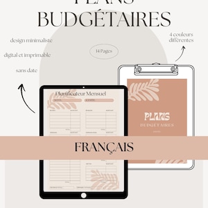 Könnte beinhalten: Ein digitaler, druckbarer Budgetplaner auf Französisch mit 14 Seiten. Der Planer zeichnet sich durch ein minimalistisches Design mit einem pfirsichfarbenen Hintergrund und einer Blattillustration aus. Der Text "Plans Budgétaires" wird in einer fetten, serifenlosen Schrift dargestellt.