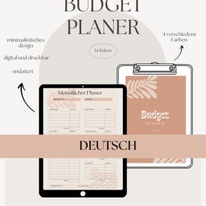 Könnte beinhalten: Ein digitaler Budgetplaner in deutscher Sprache mit minimalistischem Design. Der Planer ist undatiert und hat 14 Seiten. Das Cover zeigt einen braunen Hintergrund mit einem Blattdesign und dem Text "Budget Planner".