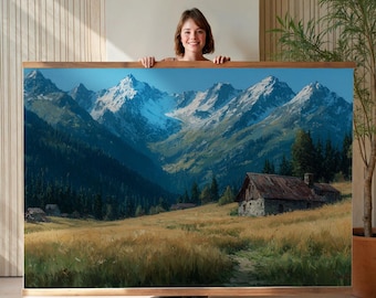 Mountain Valley, Extra Large Wall Art, Oversized Wall Art, Tranquil Mountain Wall Art, Tapestry Wall Hanging, Nature Oil Painting, 073