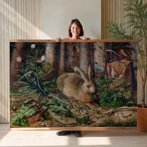 森のウサギ、特大ウォールアート、特大ウォールアート、自然のタペストリー、動物ウォールアート、壁掛けキャンバス、油絵プリント、048