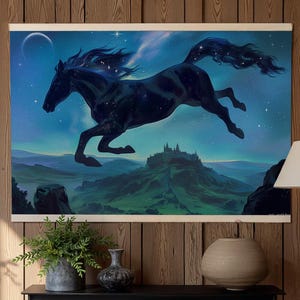 月明かりのギャロップ、特大ウォールアート、ヴィンテージタペストリー、ファンタジー動物ウォールアート、壁掛けキャンバス、馬の絵、特大キャンバス、032