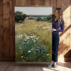 咲き誇る野原、特大ウォールアート、特大ウォールアート、自然のタペストリー、花柄ウォールアート、壁掛けキャンバス、油絵プリント、079