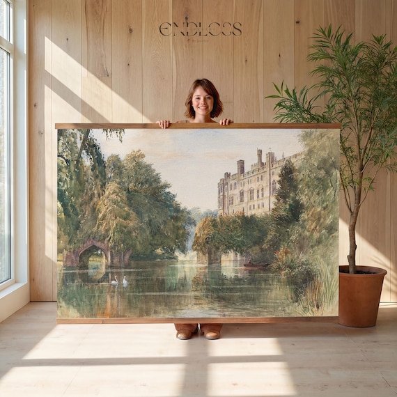 Antique Castle Moat Giant Wall Art, Oversized Canvas Wall Hanging, Vintage Tapestry