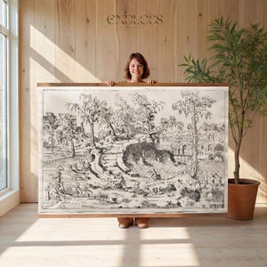 May include: A large rectangular wall hanging featuring a detailed black and white ink-style landscape illustration with trees, ruins, and small figures. The artwork is mounted on a wooden frame at the top and bottom, displaying the text ENDLESS.