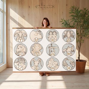 May include: A large rectangular artwork featuring twelve zodiac signs in circular frames. Each sign is depicted in a beige and gold color scheme against a light gray background. The artwork is framed in a dark wood. The word "ENDLESS" is at the top.