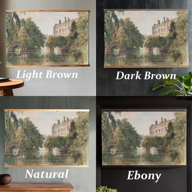 May include: Four framed landscape prints. Each print shows a watercolour scene of a building near water, surrounded by trees. The frames are labelled "Light Brown", "Dark Brown", "Natural", and "Ebony".