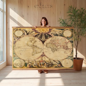 May include: A large, vintage-style world map print with a wooden frame. The map features detailed illustrations, including ships, figures, and celestial elements. The color palette includes warm tones of beige, brown, and gold. The word "ENDLOOS" is printed at the top.