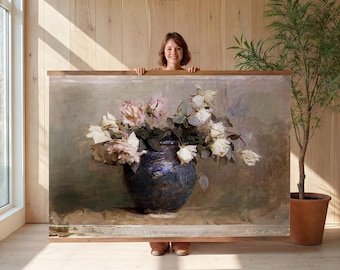 Roses Giant Wall Art Abbott Thayer Vintage Cream Rose Blue Vase Floral Tapestry
