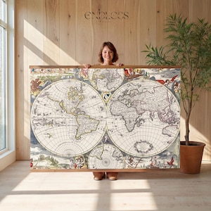 May include: A large rectangular wall hanging featuring a vintage-style world map with two primary circular hemispheres, smaller polar projections, and decorative illustrations of figures and landscapes in muted earth tones and cream colors.