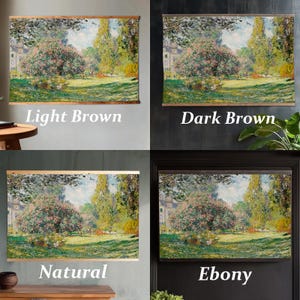 Pode incluir: Quatro impress&otilde;es de arte de paisagens emolduradas com diferentes cores de moldura: castanho claro, castanho escuro, natural e &eacute;bano. Cada impress&atilde;o retrata uma cena de parque com &aacute;rvores, relva e um edif&iacute;cio. O texto indica a cor da moldura.
