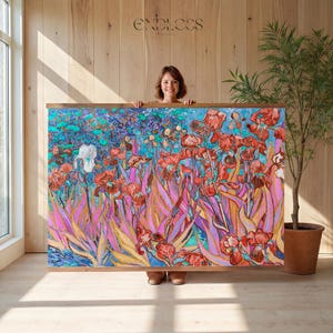 May include: A large, colorful floral print featuring red, pink, and yellow irises against a turquoise and blue background. The artwork is displayed in a wooden frame. The word "ENDLESS" is visible at the top of the image.