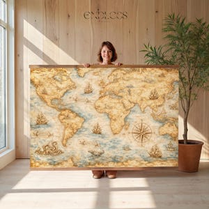 May include: A large rectangular wall map featuring a vintage-style world illustration in shades of tan, beige, and blue. The map displays continents, sailing ships, a compass rose, and sea creatures, held by wooden rails at the top and bottom.