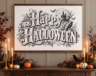Large Happy Halloween Sign Vintage Gothic Typography Canvas Tapestry Wall Hanging