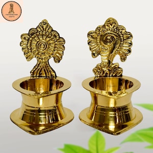 Brass Diyas for Pooja Set of 2 Shanku Chakra Kamakshi Deepalu Brass Diya Set Handcrafted in India Pure Brass Dimensions: 3 Inches