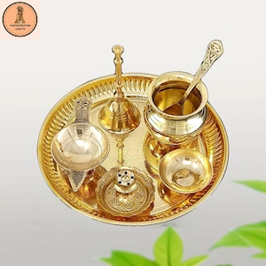 Brass Pooja Thali Set 6 Inch Puja Thali with Pital Plate Kalash Spoon Chandan Wati Dhup Dan Diya Ghanti Arti Thali for Diwali Home