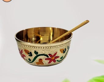 Brass Heavy Meena Color Katori with Spoon Dessert Bowl for Sweets, Dinner Embossed Bowl Pital Bowl for Pooja and Gifting