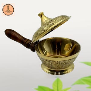Pure Brass Charcoal Incense Burner, Loban Burner, Bakhoor Burner, Dhoop Dhuni, Sambrani Dhoop with Wooden Handle for Home, Offices & Temples