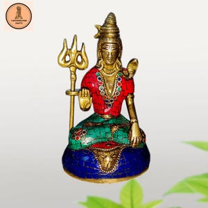 Brass Lord Shiva Brass Statue with Multicolor Stone Work Idol Sculpture Hindu God Natraja Shiv Figurine Home Decor Showpiece Statue