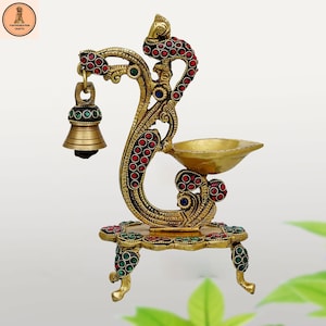 Brass Diya with Stone Work Peacock Design Diya with Bell Diya Stand Oil Lamp for Home Office Decor Gifting Diwali Puja Temple Mandir