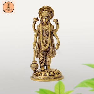 Brass Lord Vishnu Holding Statue, Standard, Gold Approx 7 inches