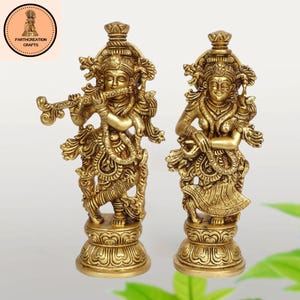 Brass Radha Krishna Bhagwan Murti Kishan Kanhaiya with Flute for Home Office Decor Temple Mandir Decoration Height 9 Inch Gold Color