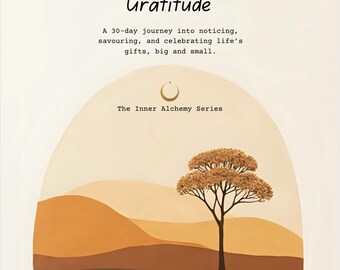 May include: A journal cover with the title "Journaling for Gratitude" in black and a stylized tree illustration. The cover also includes the text "A 30-day journey into noticing, savouring, and celebrating life's gifts, big and small."