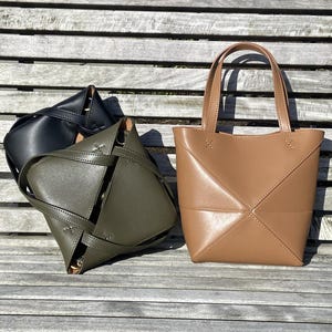 Braune Geometrische Tasche - Braune Origami-Inspirierte Geometrische Echtleder Tasche | Faltbare Mini Tragetasche & Travel Essential