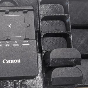 May include: A black Canon battery charger with a battery level indicator showing 100%. The charger is next to a black plastic storage case with multiple compartments for batteries.