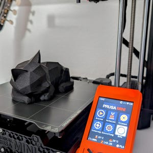 May include: A black 3D-printed cat figurine rests on the print bed of an orange and black Prusa Mini 3D printer. The printer's control panel displays settings. The printer is a desktop model.