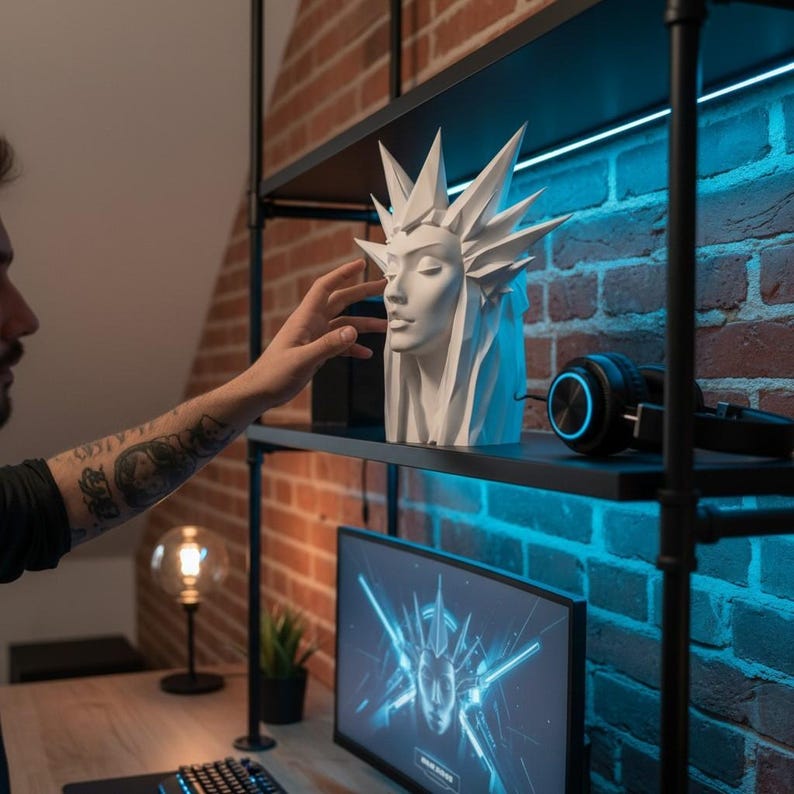 May include: A white bust of a woman with a crown-like headdress, displayed on a black shelf. The bust is the focal point, with a person's hand reaching towards it. The background features a brick wall and blue LED lighting.