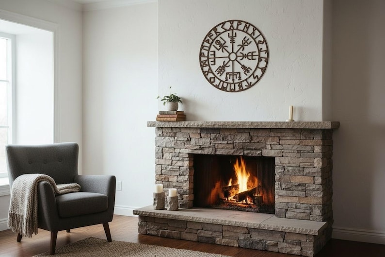 Peut inclure: Un salon confortable avec une chemin&eacute;e en pierre et un feu qui br&ucirc;le. Au-dessus de la chemin&eacute;e, une d&eacute;coration murale circulaire et marron avec des symboles complexes. Un fauteuil gris avec une couverture est &agrave; gauche.
