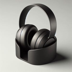 May include: A pair of sleek, black over-ear headphones resting in a matching cradle. The headphones have a minimalist design with rounded earcups and a curved headband. The cradle provides a secure and stylish storage solution.