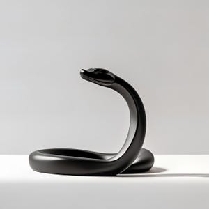 Puede incluir: Una escultura negra mate de una serpiente en una pose llamativa. El cuerpo de la serpiente est&aacute; enrollado, con la cabeza levantada y ligeramente curvada. La escultura se encuentra sobre un fondo blanco, resaltando su dise&ntilde;o elegante.