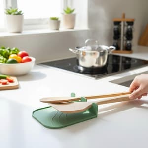 Op de afbeelding: Een groene siliconen lepelhouder houdt twee houten kookgerei vast. Een roestvrijstalen pot staat op een zwart fornuis, met een kom groenten en een snijplank in de buurt. De keuken is helder en schoon.