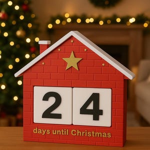 May include: A red and white Christmas countdown calendar shaped like a house, displaying "24 days until Christmas." The house has a gold star and a chimney. The background includes a Christmas tree and a fireplace.