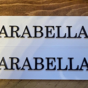 Pu&ograve; includere: Due targhette rettangolari bianche con il nome "ARABELLA" in lettere nere in rilievo. Le targhette hanno una superficie strutturata e sono esposte su uno sfondo di legno. Ideale per l'arredamento personalizzato.