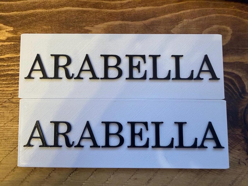 Pu&ograve; includere: Due targhette rettangolari bianche con il nome "ARABELLA" in lettere nere in rilievo. Le targhette hanno una superficie strutturata e sono esposte su uno sfondo di legno. Ideale per l'arredamento personalizzato.
