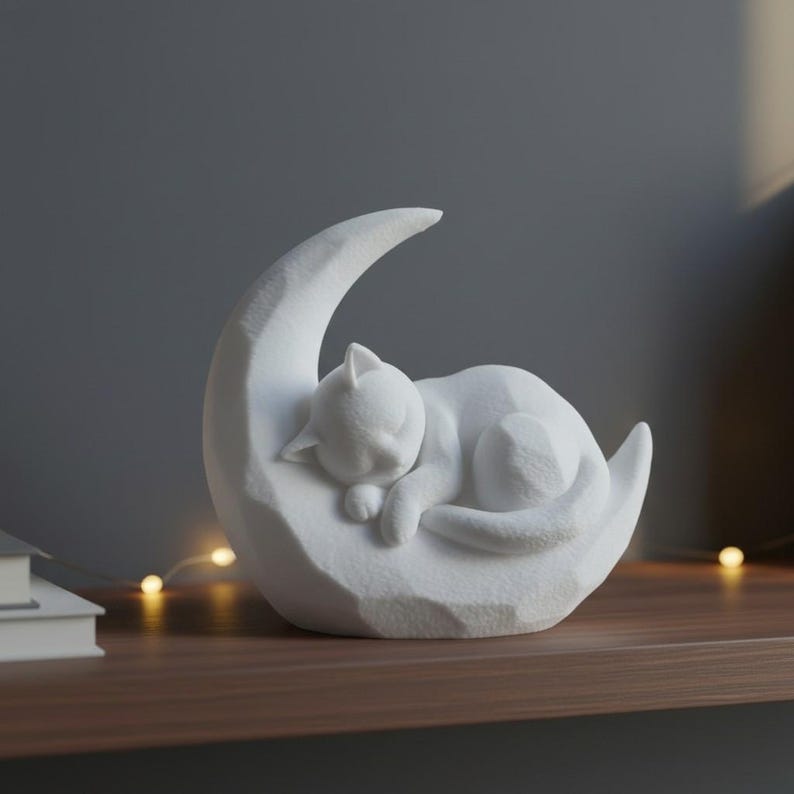 Peut inclure: Une figurine de chat blanc dormant paisiblement sur un croissant de lune. La sculpture pr&eacute;sente un design textur&eacute; et g&eacute;om&eacute;trique et est plac&eacute;e sur une surface en bois. Le chat est enroul&eacute; et la lune a une pointe.