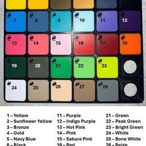 May include: A color chart featuring 28 different colors, including yellow, blue, pink, and green. The chart is labeled with the name of each color. The text "PRIM3D & CREAT3D" is at the top.
