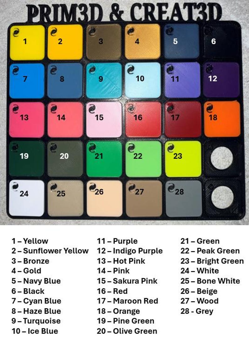 May include: A color chart featuring 28 different colors, including yellow, blue, pink, and green. The chart is labeled with the name of each color. The text "PRIM3D & CREAT3D" is at the top.