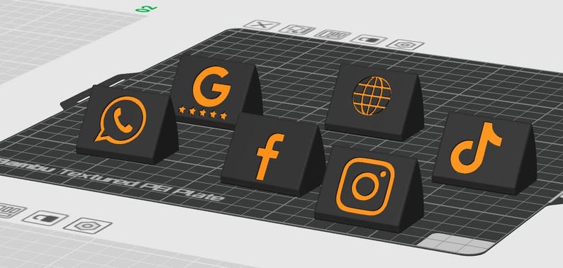 May include: A collection of black, triangular blocks, each displaying a different social media logo in orange. Logos include WhatsApp, Google, Facebook, Instagram, TikTok, and a globe icon. The blocks are arranged on a grid.
