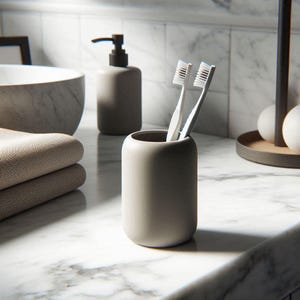 May include: A modern bathroom scene featuring a gray toothbrush holder with two white toothbrushes. A matching soap dispenser and rolled towels are also visible. The items are set on a marble countertop, creating a clean and minimalist aesthetic.
