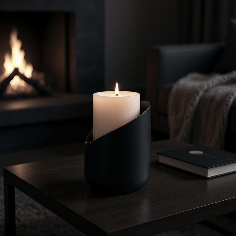 May include: A burning white pillar candle in a black holder on a dark wooden table. The candle holder has a curved design. A book and a fireplace with a burning fire are in the background. The scene is dimly lit.