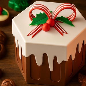 May include: A brown and white hexagonal box resembling a Christmas pudding, topped with a red and white striped bow, holly leaves, and red berries. Chocolate candies in the shape of a snowman, angel, and other festive shapes surround the box.
