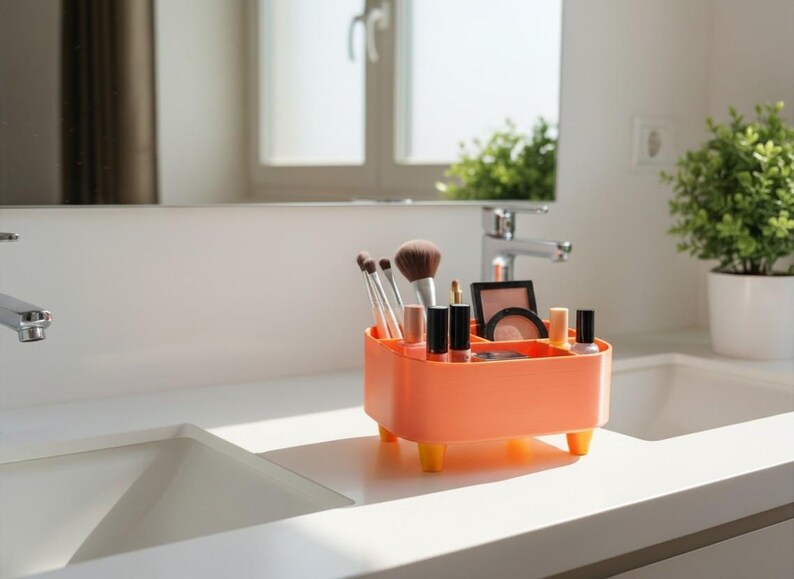 May include: An orange makeup organizer with yellow feet, holding various makeup brushes, lipsticks, and compacts. The organizer sits on a white countertop in a bathroom setting, with a mirror and sink in the background.